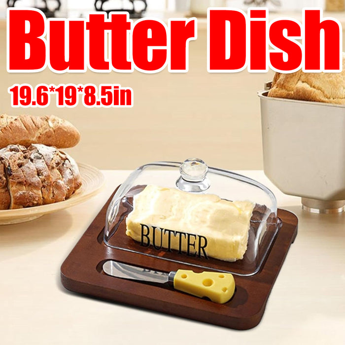 Butter Dish with Glass Lid Bamboo Base With Knife 19.6cm