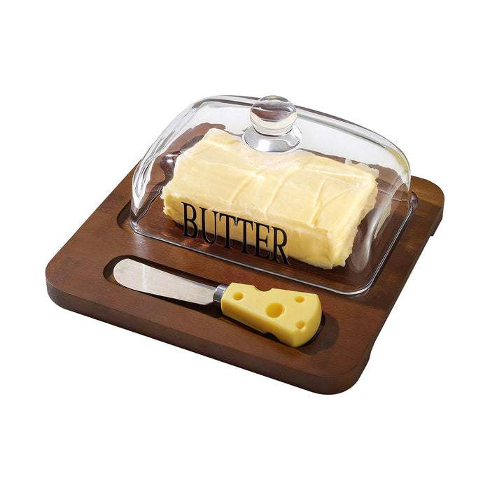 Butter Dish with Glass Lid Bamboo Base With Knife 19.6cm