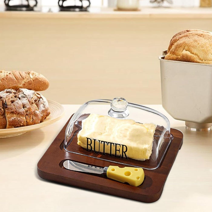 Butter Dish with Glass Lid Bamboo Base With Knife 19.6cm