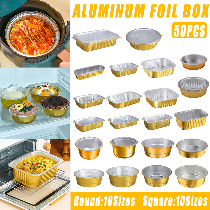 50Pcs Thickened Aluminum Foil Containers with Plastic Lids – Rectangular & Round