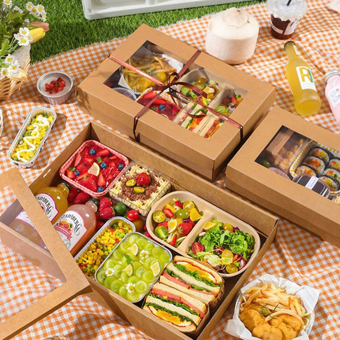 10 Pcs Food-Grade Kraft Paper Lunch Boxes for Outdoor Picnic in 3 Sizes