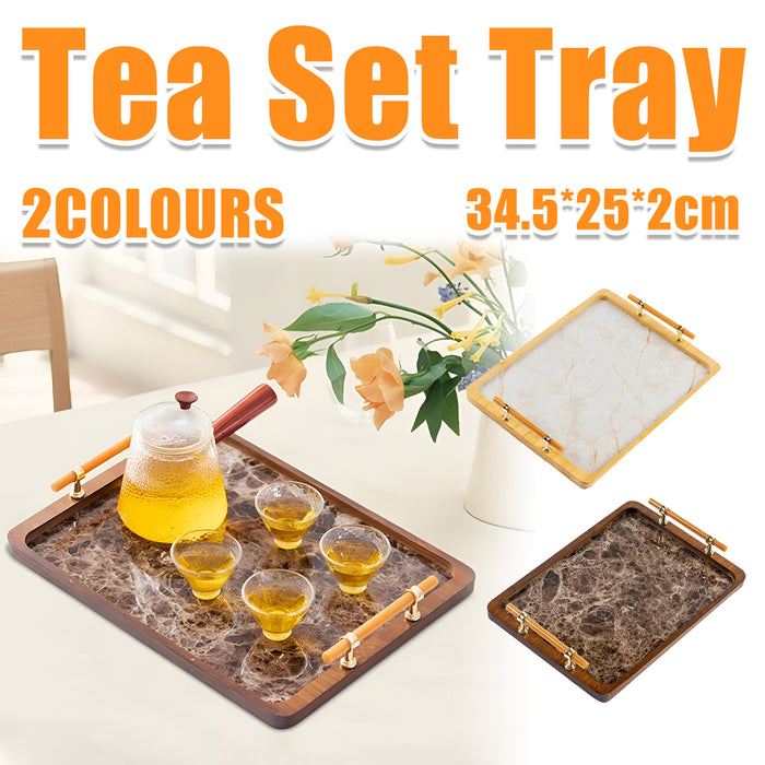 Bamboo Tea Tray with Stone Plastic Base Waterproof Non-Slip 34.5 x 25 cm