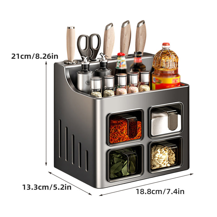 Wall-Mounted Spice Rack with Knife Holder 4 Sealed Drawers