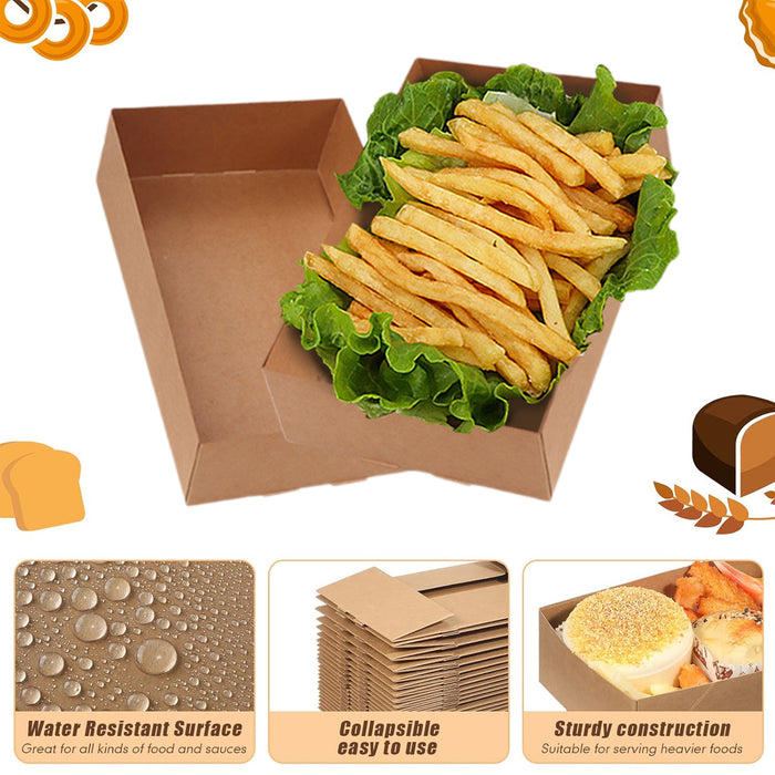 50 Pcs Disposable Kraft Paper Lunch Boxes Fold-Lock Leak-Resistant 14 x 22 x 6 cm